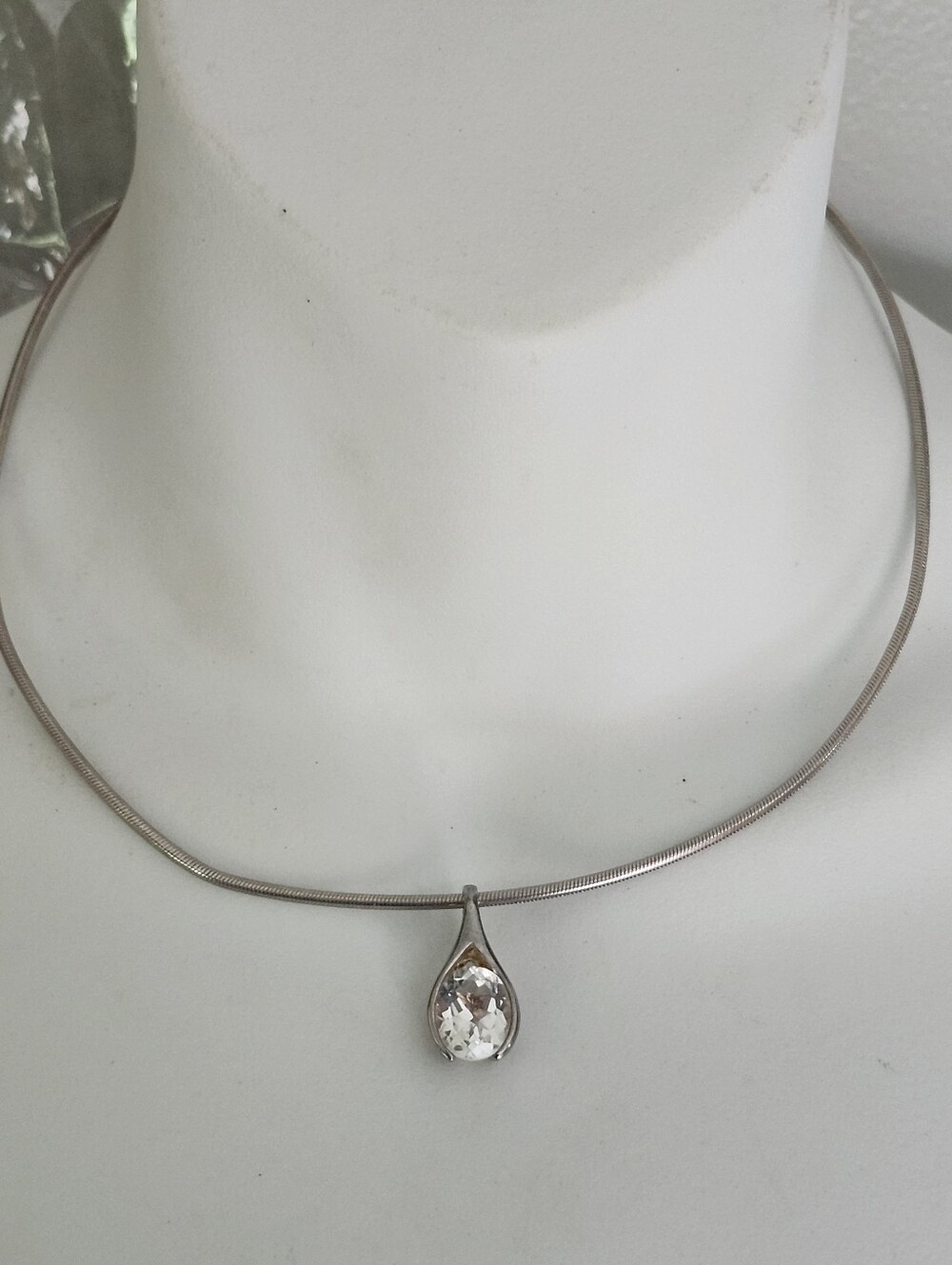 Sterling Silver Omega Chain CZ Stone Teardrop  Pendant Necklace